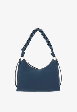 Sac à main en cuir bleu marine avec poignée torsadée, fermeture éclair dorée, petit logo de marque doré et bandoulière amovible.