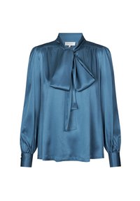 Blaue Satinbluse mit hohem Kragen und Schleifenfront. Verfügt über lange Puffärmel und eine lockere Passform. Glatte Textur mit subtiler glänzender Oberfläche.