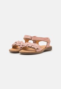 Rosa lær sandaler med blomstermotiver, åpen tå-design, justerbare stropper og brun såle. Teksturert innersåle for komfort.
