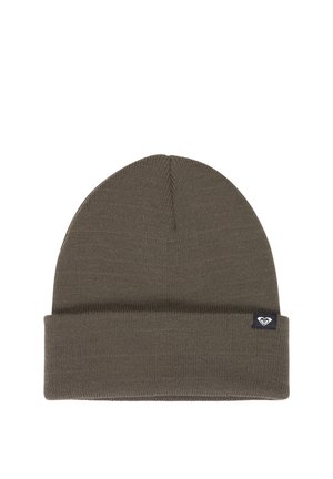 Braune gestrickte Beanie-Mütze mit umgeschlagenem Rand und kleinem schwarzem Etikett mit weißem herzförmigem Logo.