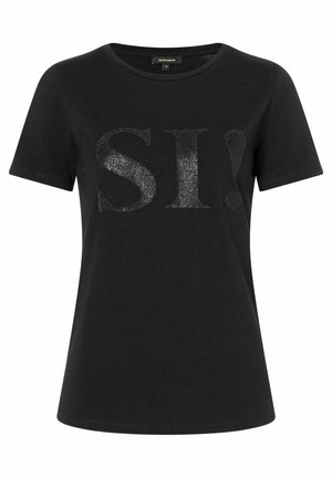 Schwarzes kurzärmeliges T-Shirt mit glitzerndem "SI!"-Schriftzug auf der Vorderseite und rundem Ausschnitt.