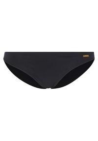 Parte inferior de bikini negra con una textura suave, diseño de tiro bajo y acento del logo dorado en un lado. Incluye detalles de herrajes metálicos.
