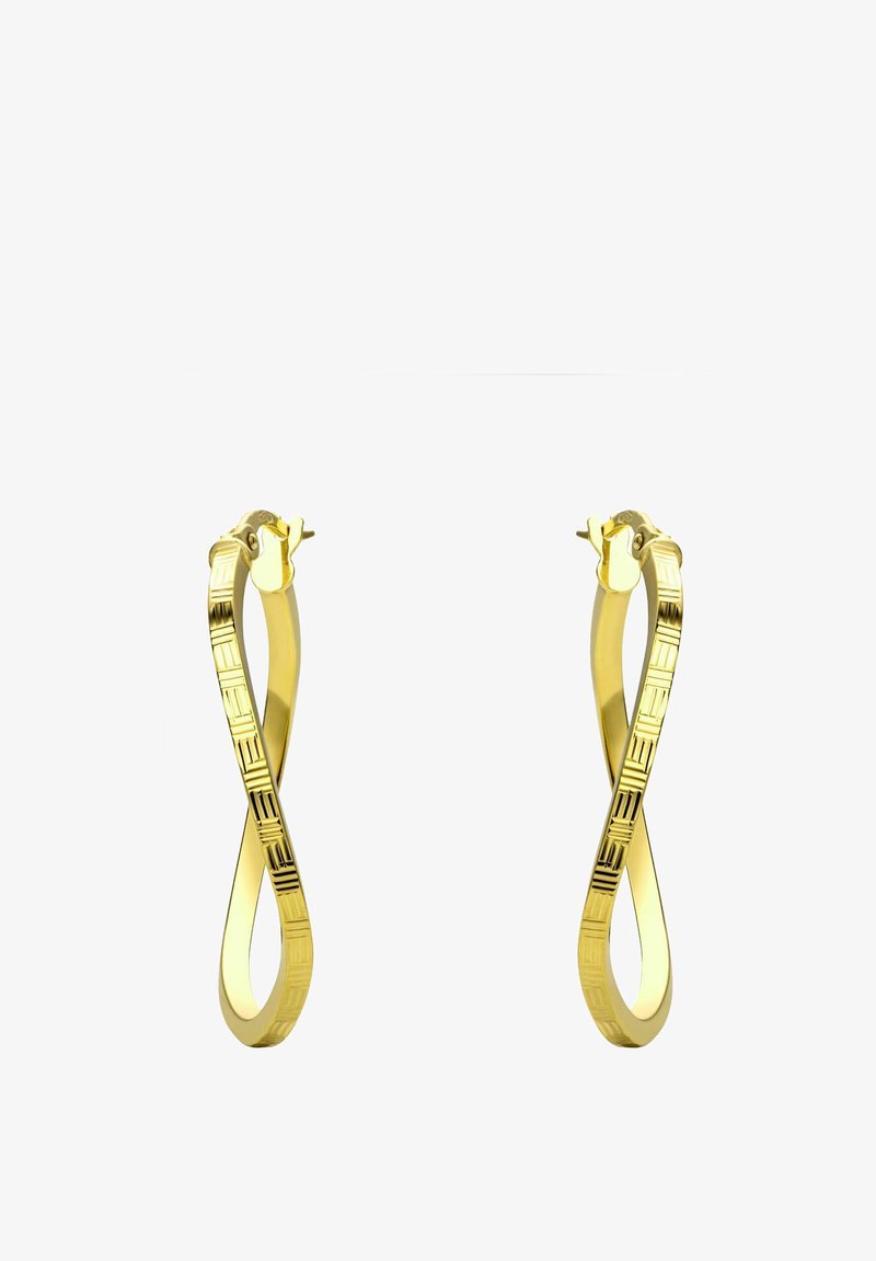 Zlate uhane v obliki obroča z obliko neskončnosti, ki imajo teksturiran vzorec na eni strani in gladko površino na drugi. Varna zaponka.