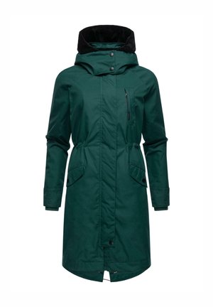 Green long coat with a black fur-lined collar, front zip and snap closure, two side pockets, and a chest pocket for storage.
