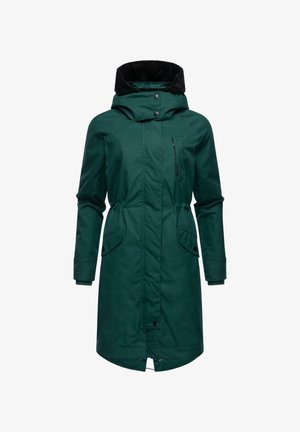 Green long coat with a black fur-lined collar, front zip and snap closure, two side pockets, and a chest pocket for storage.