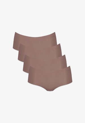 Vier nahtlose braune Hipster-Unterhosen diagonal auf weißem Hintergrund gestapelt.