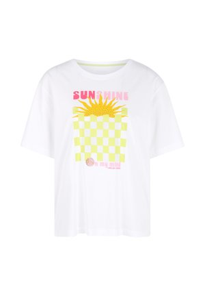 White T-shirt with yellow and white checkerboard square, sun illustration, and pink text reading "SUNSHINE on my mind."