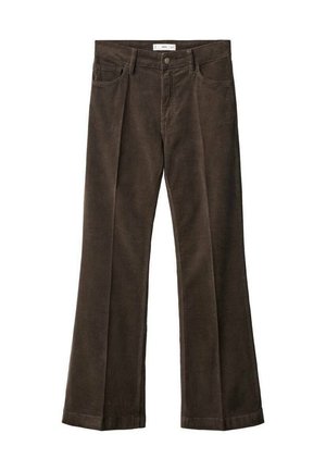 Pantalones acampanados de pana marrón con una textura suave, que cuentan con cinco bolsillos, cremallera con botón y trabillas para cinturón.