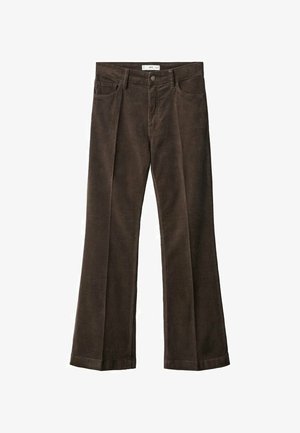 Brown corduroy flared pants with a smooth texture, featuring five pockets, a button fly, and belt loops.