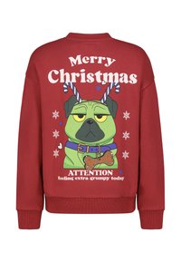 Rotes Sweatshirt mit einer mürrischen grünen Mops-Grafik mit Zuckerstangen-Geweihen, den Worten "Frohe Weihnachten" und "ACHTUNG, heute besonders mürrisch".