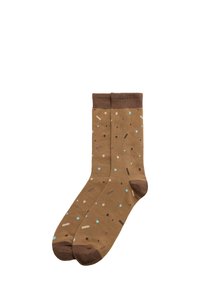 Calcetines marrones con un patrón moteado en varios colores, incluyendo azul y beige, y un puño y punta en marrón que contrastan.