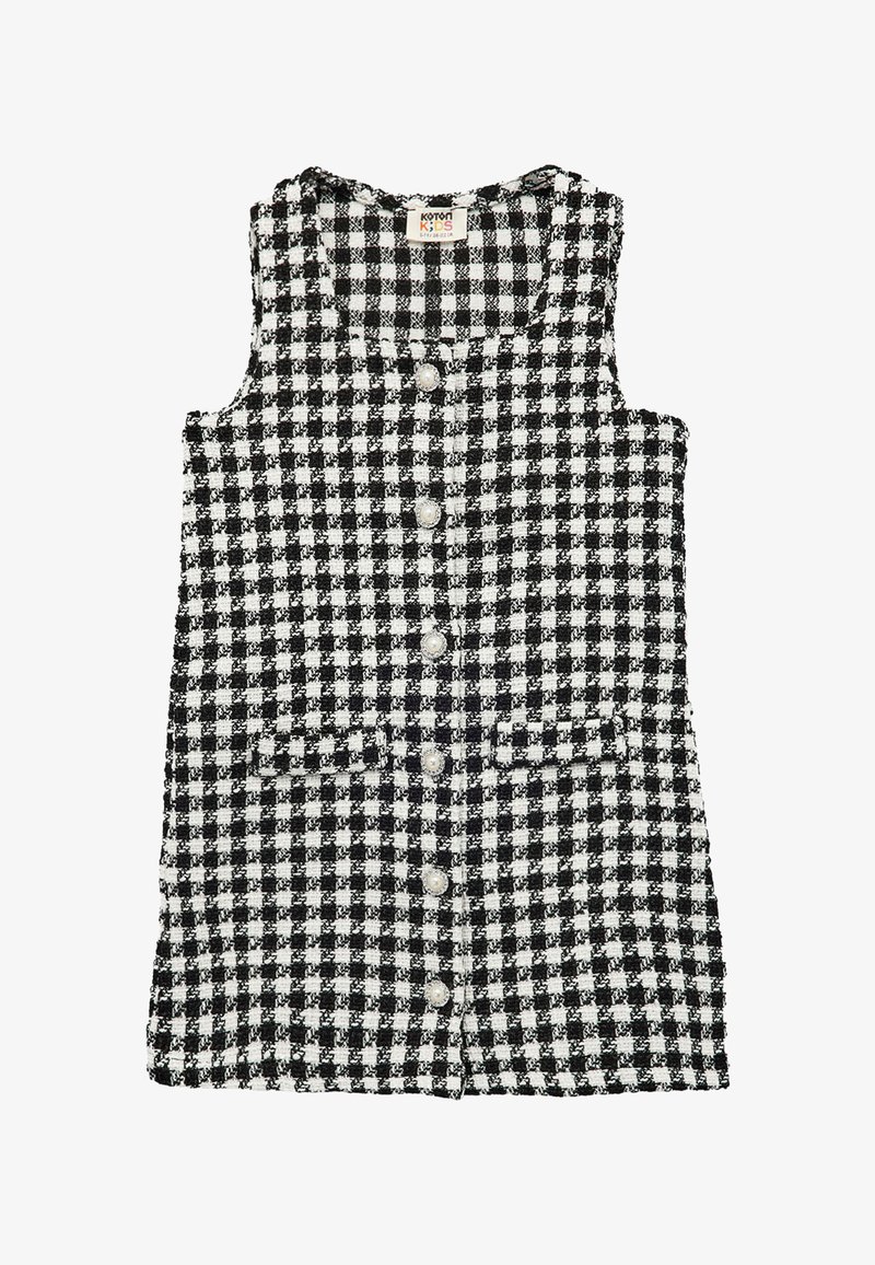 Czarna i biała w kratkę bezrękawnikowa sukienka z okrągłym dekoltem, zapięciem na guziki i dwiema przednimi kieszeniami. Wykonana z teksturowanej tkaniny.