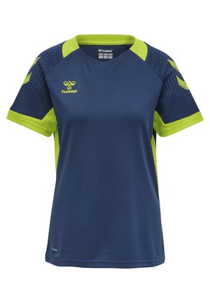 Mörkblå sporttröja med gröna accenter, korta ärmar och ett texturerat nätmaterial. Har logotyp, rund halsringning och kontrasterande axeldesign.