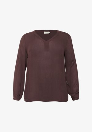 Langarm-Bluse mit V-Ausschnitt in tiefem Burgunderrot. Hergestellt aus leichtem Stoff mit zartem Glanz und einem kleinen vertikalen Schlitz am Halsauschnitt.