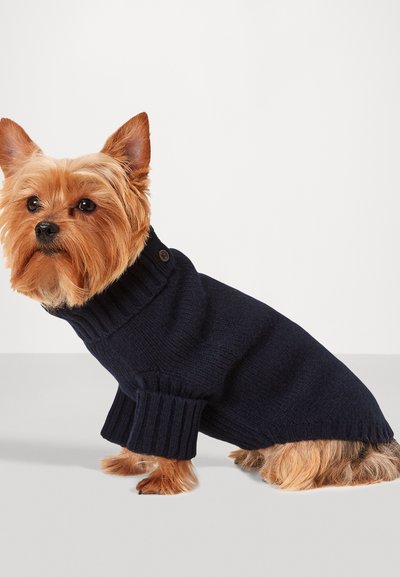 Suéter de perro de punto en color navy con cuello y mangas acanaladas, que presenta un detalle de botón, diseñado para brindar calidez y comodidad.