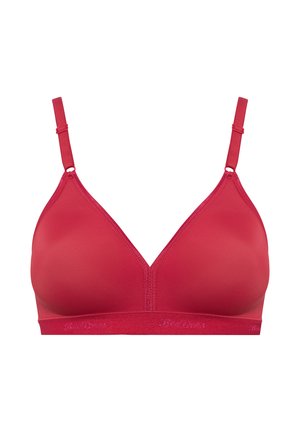 Roter kabelloser BH mit dreieckigen Cups, verstellbaren Trägern, einer glatten Textur und einem elastischen Band mit Markenlogo am unteren Ende.