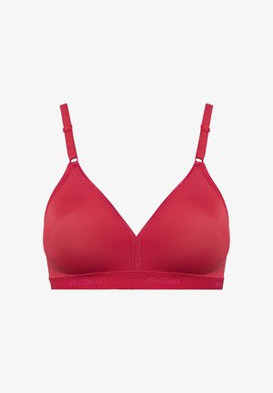 Roter kabelloser BH mit dreieckigen Cups, verstellbaren Trägern, einer glatten Textur und einem elastischen Band mit Markenlogo am unteren Ende.