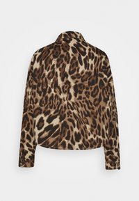 Leopard print jacket featuring a soft fabric, brown and beige colors, long sleeves, and a classic collar. Back view with a straight hem.