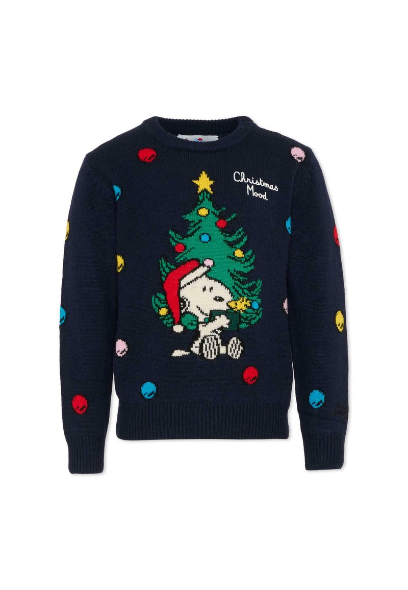 Maglione lavorato a maglia blu navy con un design fantasioso che presenta un albero di Natale e un personaggio con un cappello rosso da Babbo Natale, decorato con punti colorati.