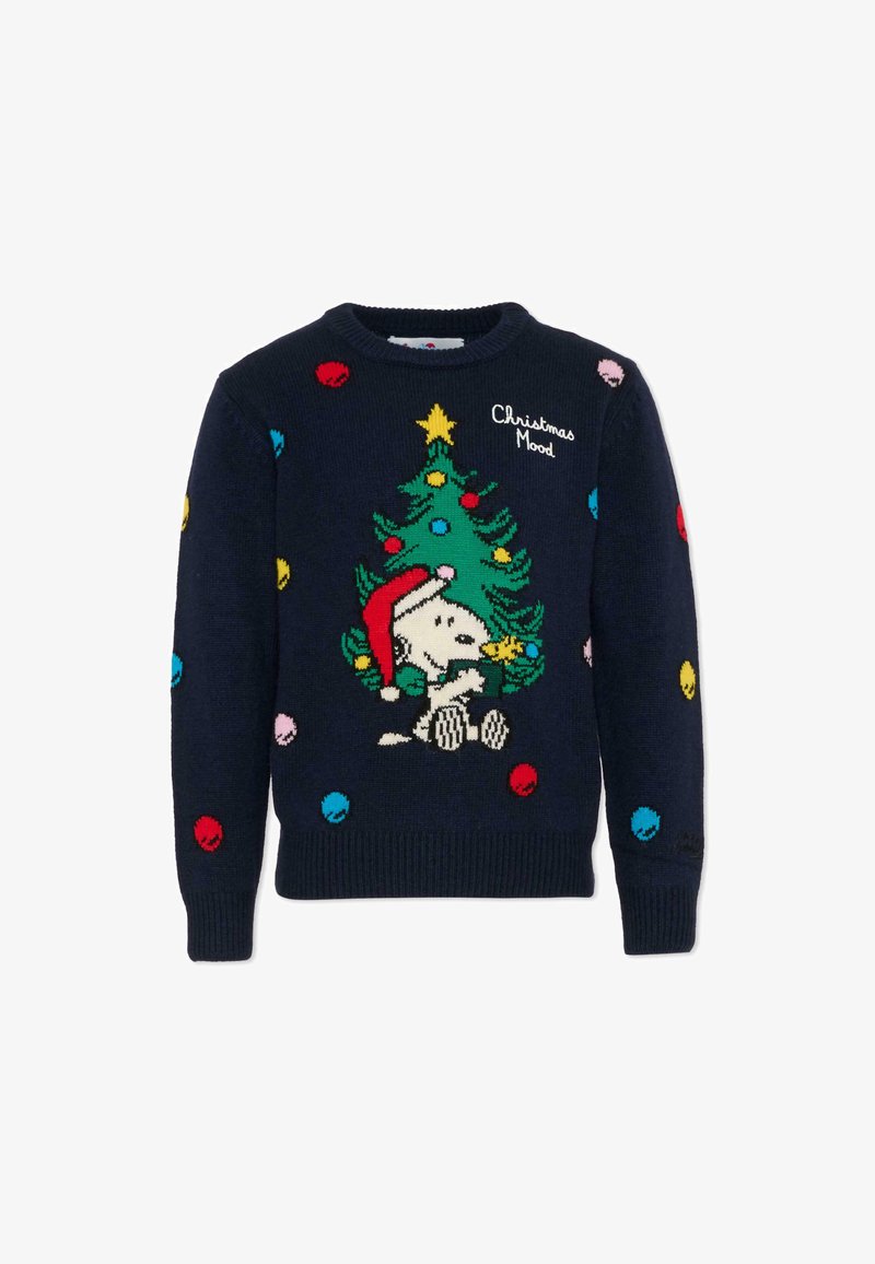 Pull en maille bleu marine avec un design amusant comprenant un sapin de Noël et un personnage portant un bonnet de Père Noël rouge, décoré de points colorés.