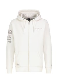 Weißer Zip-Hoodie aus Baumwollmischung mit weichem Textur, Fronttaschen und bedrucktem Text auf den Ärmeln und der Brust.