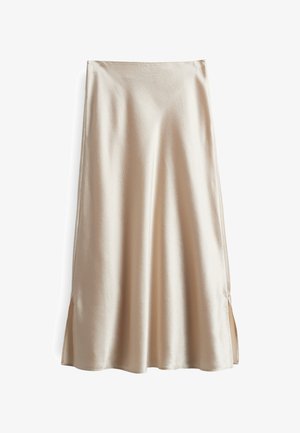 Satin rok in een lichtbeige kleur, met een gladde textuur, een uitlopende uitstraling en zijsplitten voor gemakkelijk bewegen.