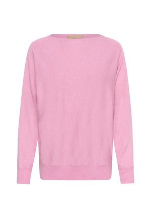 Pehme roosa pikkade varrukatega kampsun ümarate kaelusega ning soonikkoes mansettide ja äärega, esitatud valgel taustal.