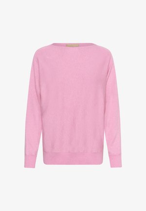 Pehme roosa pikkade varrukatega kampsun ümarate kaelusega ning soonikkoes mansettide ja äärega, esitatud valgel taustal.