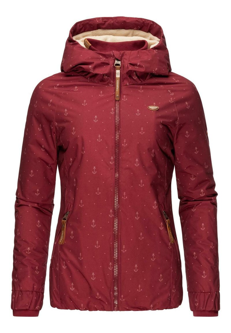 Burgundy jacket with a hood, anchor pattern, front zipper, and side pockets. Features a soft interior lining and elastic cuffs.