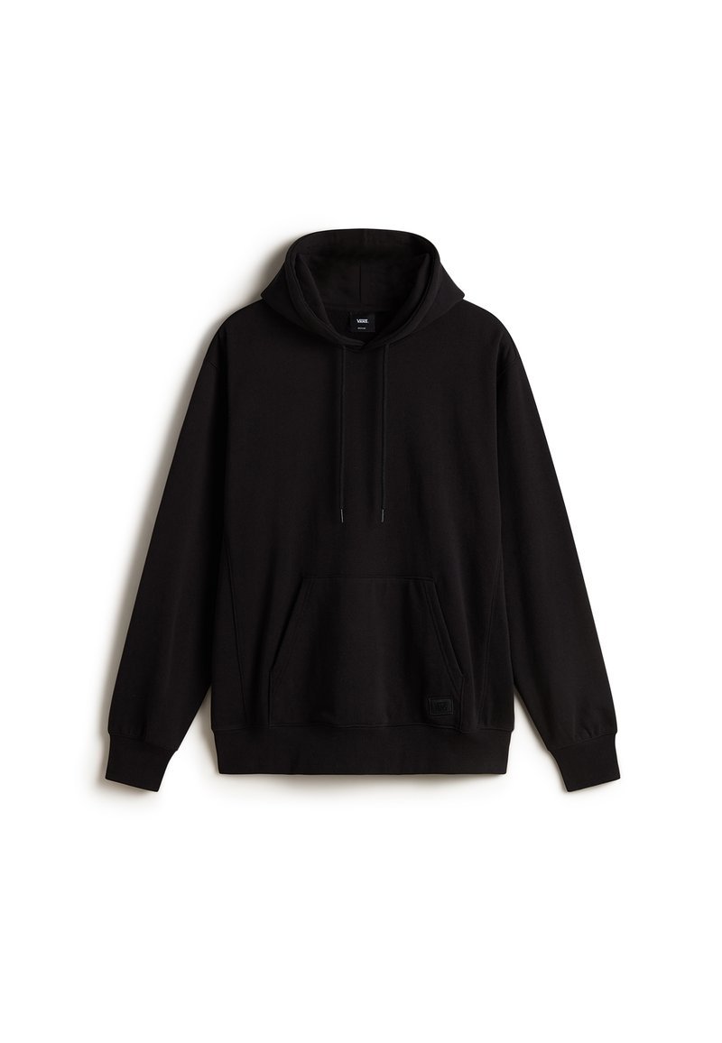 Sort hætte sweatshirt lavet af en blanding af bomuldsstoffer. Har en kengurulomme og hætte med snor. Ribbet manchetter og kant. Simpelt design.