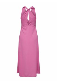 Roza halter obleka s ključavnico na hrbtu in zavezovanjem za vrat. Gladka tekstura, lepa silhueta. Oblačilo srednje dolžine.