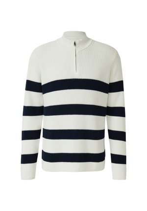 Gestrickter Pullover mit einem halben Reißverschluss und horizontalen navyblauen und weißen Streifen. Aus Baumwolle gefertigt, mit gerippten Bündchen und Saum.
