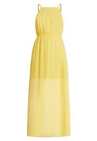 Robe maxi en tissu jaune doux et transparent avec bretelles spaghetti réglables et taille élastique. Tombe légèrement jusqu'aux chevilles.