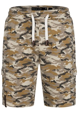 Casual shorts med camouflage mønster, hvid snor, sidelommer og elastisk talje, mærket Indicode Jeans, mellem størrelse.