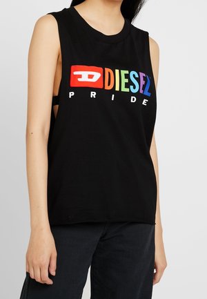 Person wearing black sleeveless top with rainbow-colored "Diesel Pride" logo across the chest, paired with black pants.