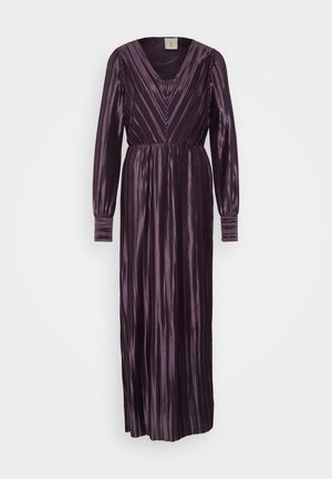 Maxi dress in deep purple with vertical pleats, V-neckline, and long sleeves with gathered cuffs. Smooth, textured fabric.