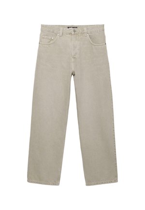 Beige jeans med lige ben, fem lommer, bæltestropper samt knap- og lynlåslukning, vist på en hvid baggrund.