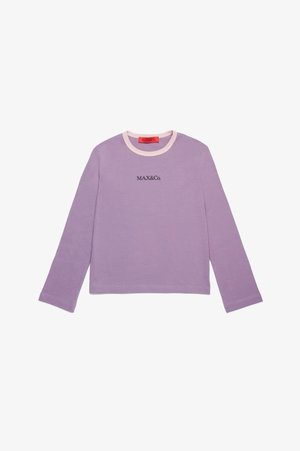 Camicia a maniche lunghe color lavanda realizzata in cotone morbido. Presenta un collo rotondo con rifiniture rosa chiaro e il logo ricamato "MAX&Co." in scuro.