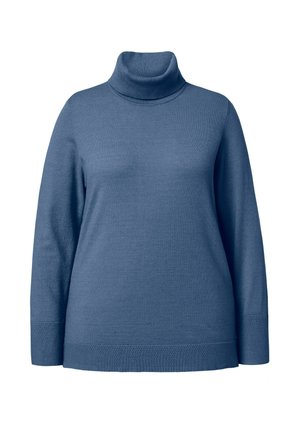 Sininen poolopaita pehmeästä neulekankaasta, jossa on pitkät hihat, korkea kaulus ja teksturoitu helma, jossa on timanttimainen kuvio.