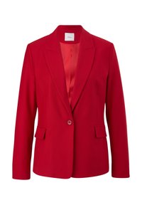 Blazer rouge avec une fermeture à un bouton, des revers crantés et deux poches avant ; texture lisse et coupe ajustée. Intérieur doublé visible.