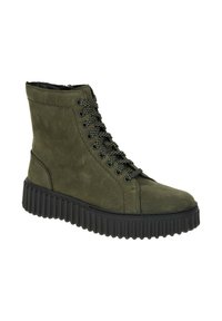 Bottines en cuir vert à bout arrondi, avec semelle en caoutchouc noire et lacets assortis. Présentent une finition texturée et un col rembourré.