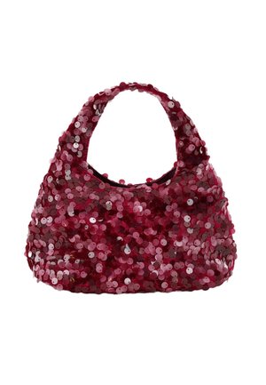 Klein rood handtasje bedekt met glanzende pailletten, met een enkele korte handvat en een zachte, ronde vorm.