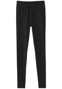 Zwarte leggings gemaakt van rekbare stof met een elastische tailleband. Soepele textuur, aansluitend ontwerp en geen zichtbare patronen of accenten.