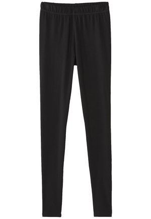Leggings negros hechos de un tejido elástico con cintura elástica. Textura suave, diseño ajustado y sin patrones o acentos visibles.