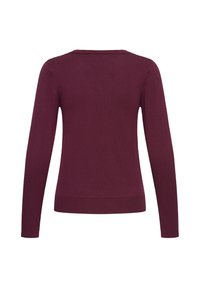 Pull en maille unie à manches longues de couleur bordeaux foncé avec un col bateau et des poignets et un bas côtelés, vu de dos.