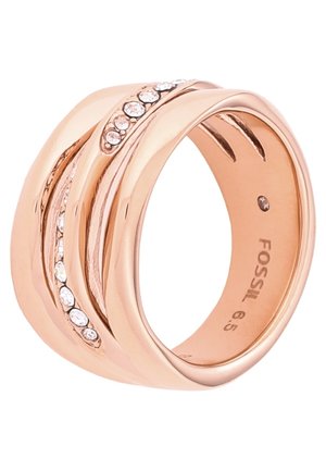 Rose gold Fossil ring with wide band, featuring two rows of embedded clear crystals and smooth polished finish.