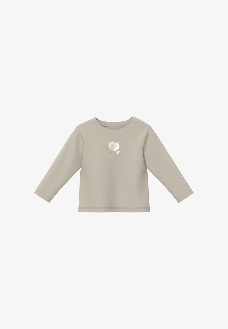 Chemise beige à manches longues pour bébé avec un motif de nuage et d'avion en papier sur la poitrine, dotée de deux boutons sur l'épaule pour un habillage facile.