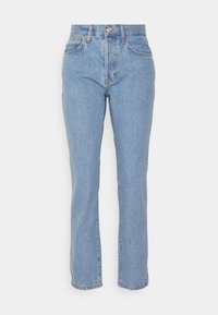 Light blue denim jeans with a straight-leg design, high waist, five pockets, and copper-tone button closure. Classic faded finish and stitching details.
