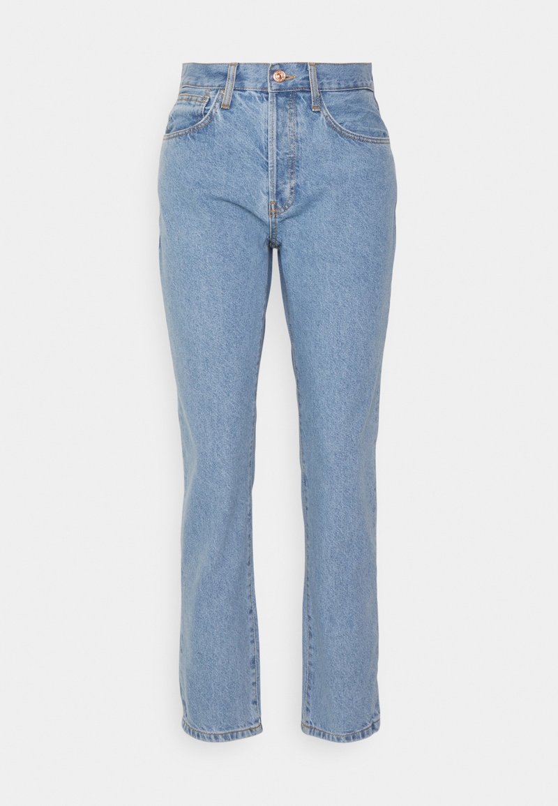 Light blue denim jeans with a straight-leg design, high waist, five pockets, and copper-tone button closure. Classic faded finish and stitching details.