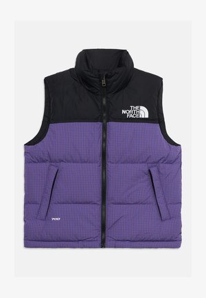 Prsluk bez rukava s gornjim dijelom u crnoj boji i donjim dijelom u purpurnom uzorku mreže, prednji patentni zatvarač, dva džepa, logo "The North Face" na prsima.